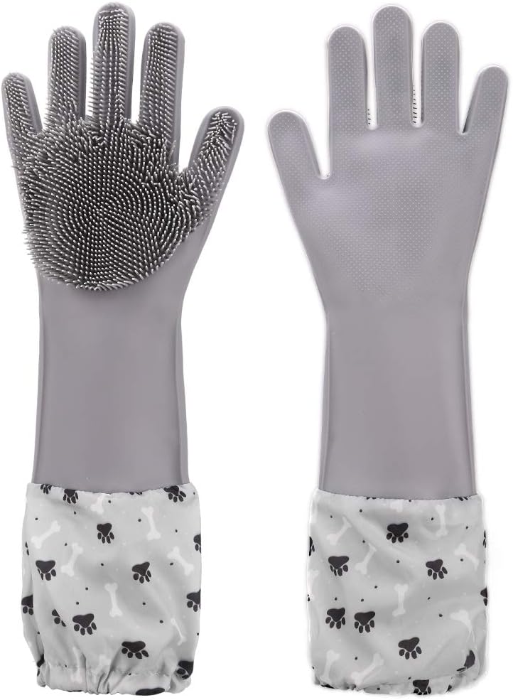 PAWCHIE Extended Edition Pet Grooming Gloves for Dogs & Cats, Waterproof Hair Removal Brush with Longer Silicone Tips, Gloves with Splicing Sleeve for Pet Bathing, Enhanced Five Finger Design