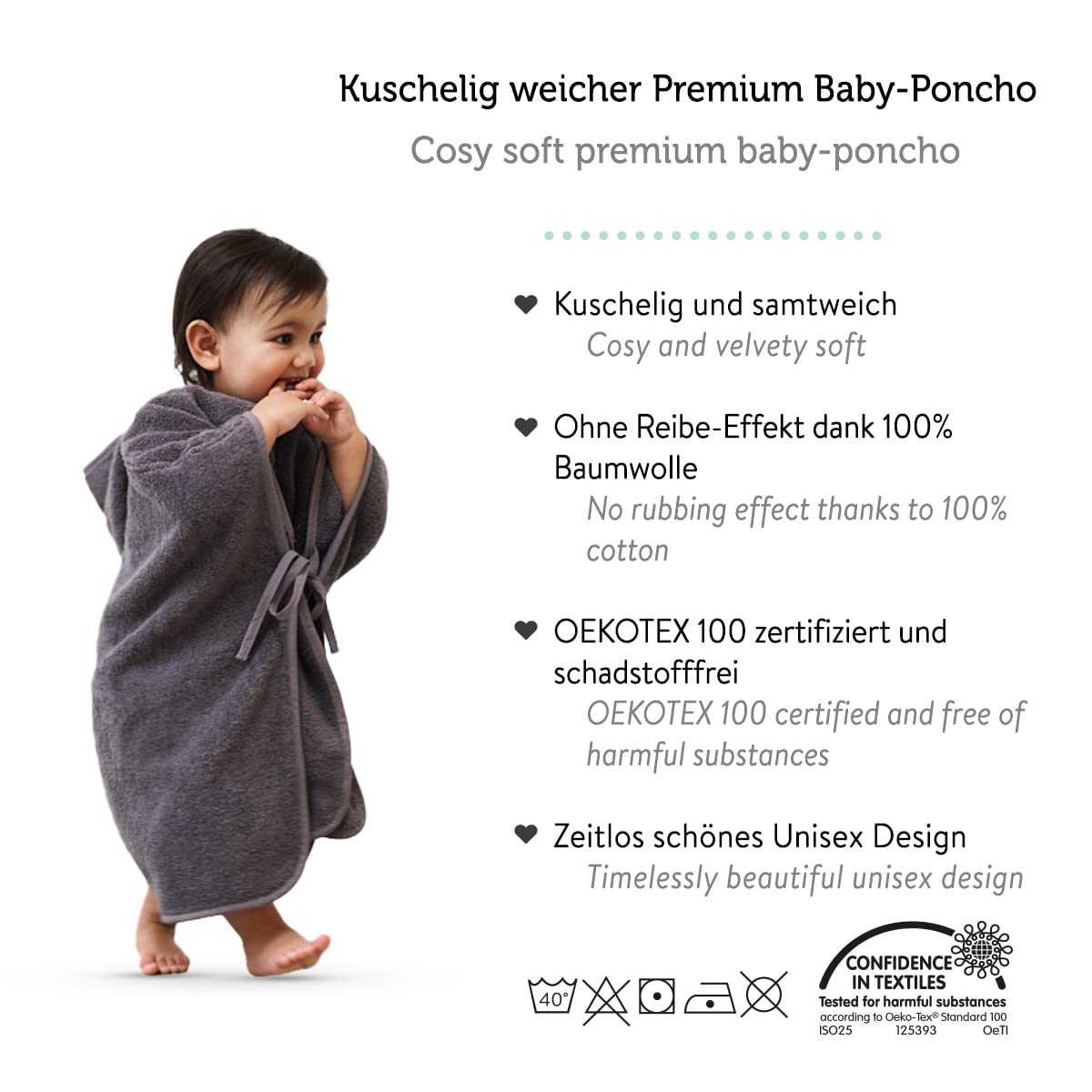 Image secondaire de MABYEN Peignoir de bain pour bébé - Sortie de bain premium à capuche pour Enfant - Taille 1 à 3 ans – 100% coton, OEKOTEX Standard