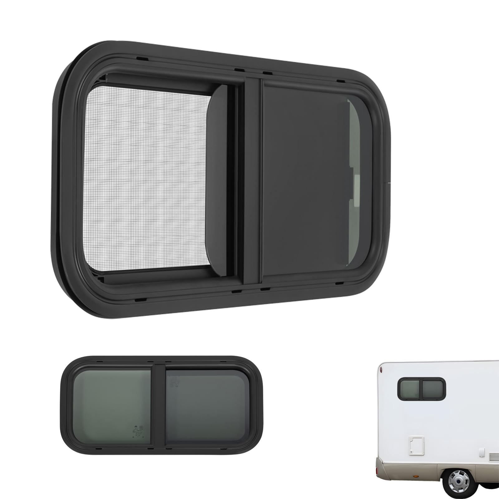 Fenêtre Latérale pour Caravane 600x300mm, Fenêtre Coulissante Pour Camping-car avec Moustiquaire & Verrouillage par Interrupteur Noir RV Coulissantes Teintées, Vitrage Trempé, Cadre Alu