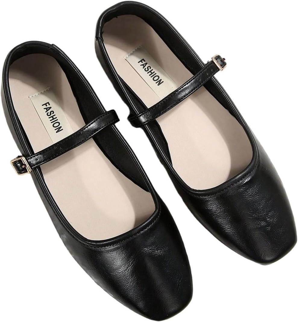 MakeMeChic Women's Leather Flat Shoes Closed Toe Slip on Ballet Flats with Buckle Strap