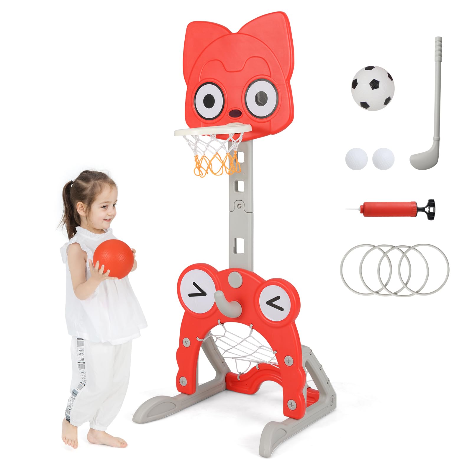 COSTWAY Canestro da Basket 4 in 1 per Bambini 3+ Anni, Altezza 118-148 cm | Centro di Attività Forma Volpe in HDPE con Golf, Calcio e Anelli da Lancio, Base Riempibile, per Cameretta e Asilo Nido
