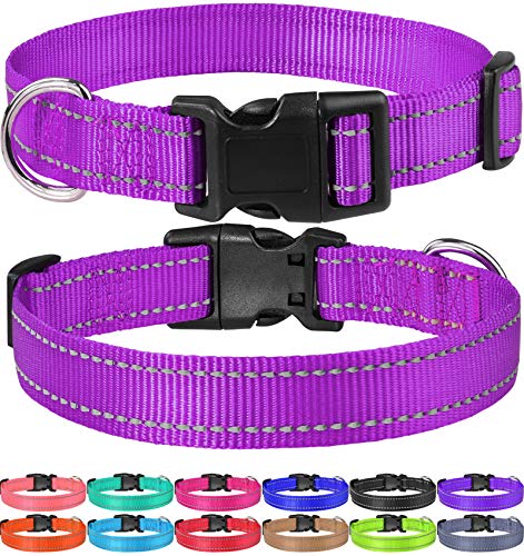 FunTags Reflective Nylon Dog Collar with Quick Release Buckle Adjustable,Classic Solid Colors,Purple,Medium Size