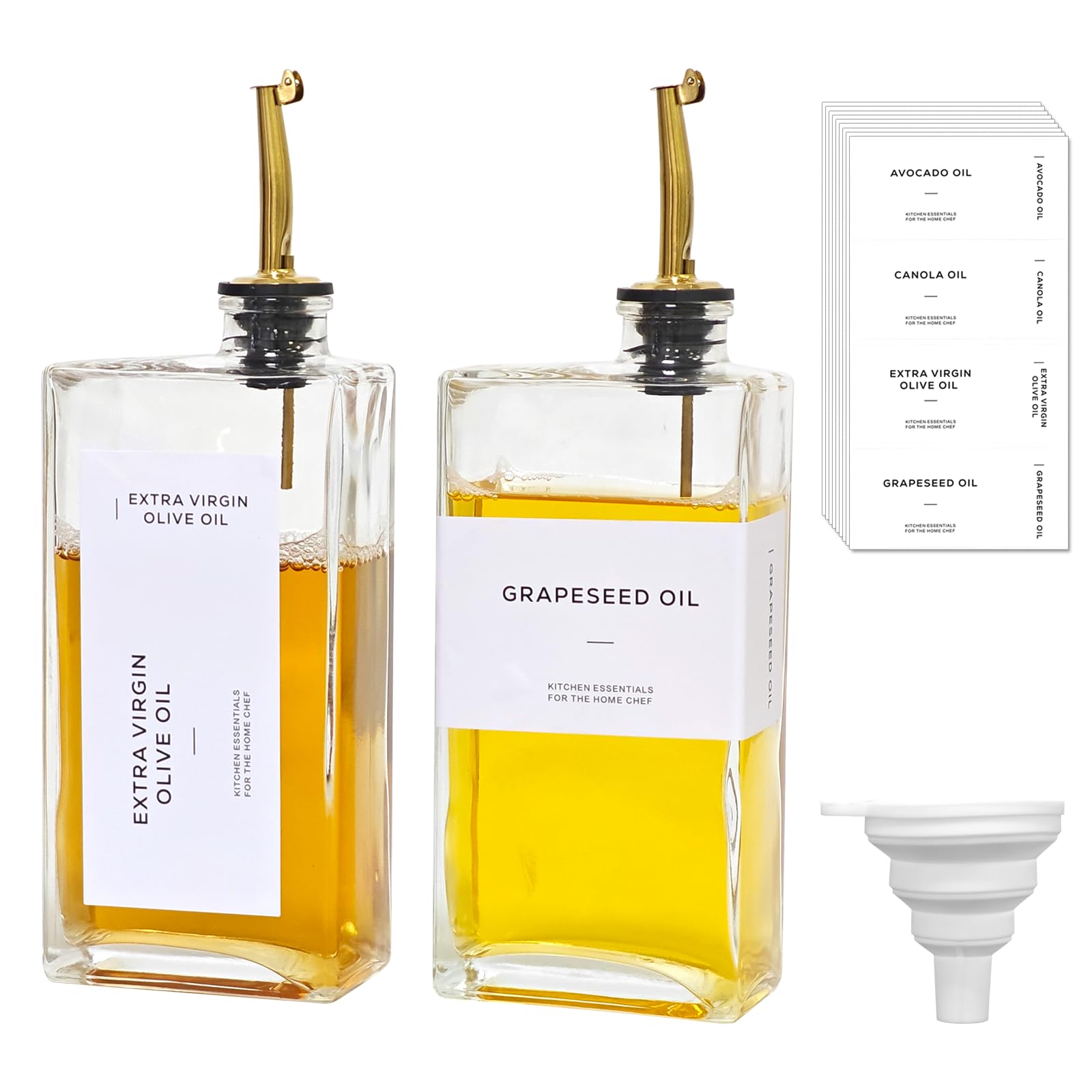 Gute 2Pcs Olive Oil Dispenser Bottles for Kitchen - 500ml Glass Oil & Coffee Syrup Dispenser Set with Weighted Drip-Free Pourer, Waterproof Labels & Silicone Funnel - Elegant Gold Cruets (16.9oz)