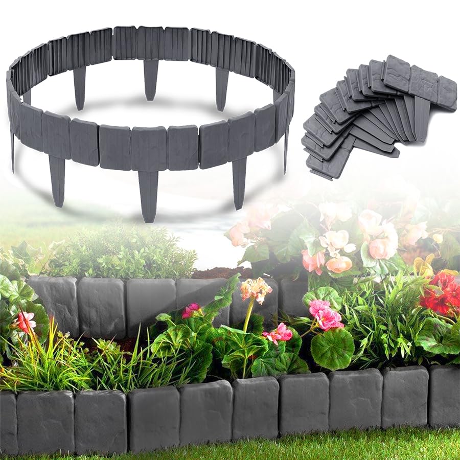 SAILUN Garden Border Edging 5m/16.4ft T-Shape Plastic Lawn Edging Fence Easy Install Spike-in, Stone Effect Flower Bed Edging for Garden Borders & Paths, Anthracite