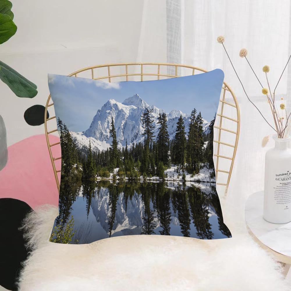 HYOSXW Cushion Cover,Throw Pillow Case Home Decorative for Living Room Bedroom Sofa Chair 16X16 Inch,Mountain Forest Lake, Pines and Snowy Landscape with Crystal Lake Nature Photo,Pillowcase 40X40cm