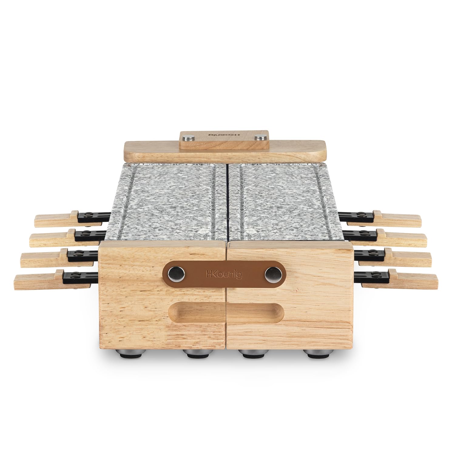 H.Koenig Grill Raclette WOD362 dla 8 osób – 1400 W – podwójna płyta grillowa z granitu, obrotowa podstawa (180°), 8 patelni z powłoką zapobiegającą przywieraniu, 8 szpatułek, fondue i funkcja sera