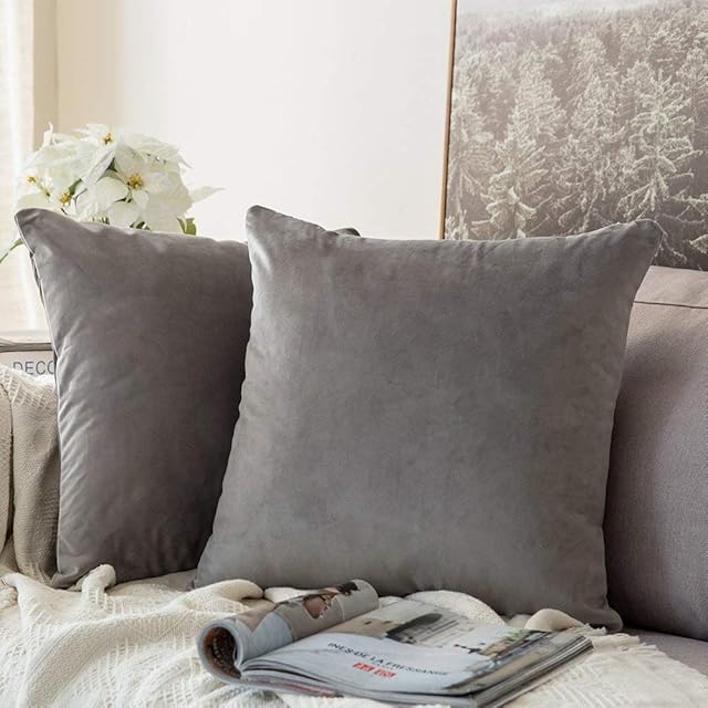 MIULEE Velvet Soft Decorative Square Throw Pillow Case Cushion Covers Pillowcases for Livingroom Sofa Bedroom with Invisible Zipper 26"x26" 2 Pieces Grey