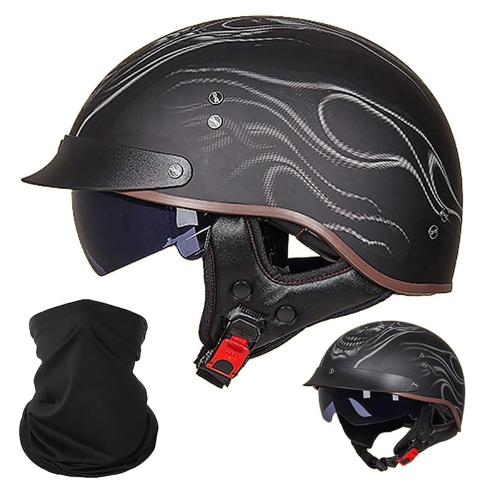 Halbschalenhelm mit ECE, Jethelm Retro, Chopper Helm, Retro Motorrad Helm, Scooter-Helm, Offenem Helm, mit Sonnenblende und Herausnehmbares Atmungsaktives Futter M~XXL 57~64CM