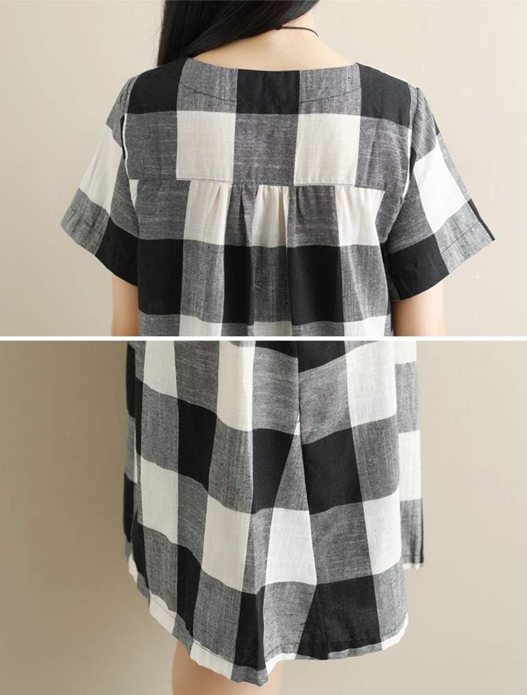 FTCayanz Women's Linen Shirt Dresses Summer Casual Short Sleeve Plaid Tunic Midi Dress - Image 6