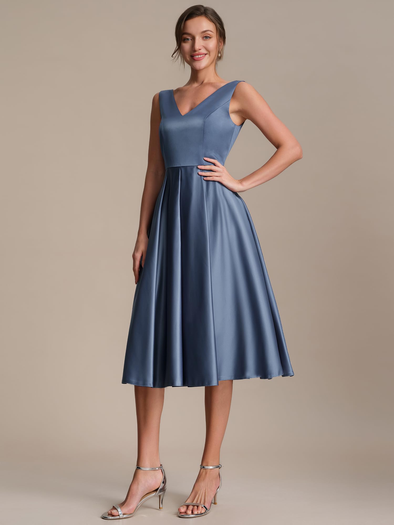 Ever-Pretty Vestito Donna Elegante Collo a V Senzamaniche Satin Midi Gonna a Ruota EG02774