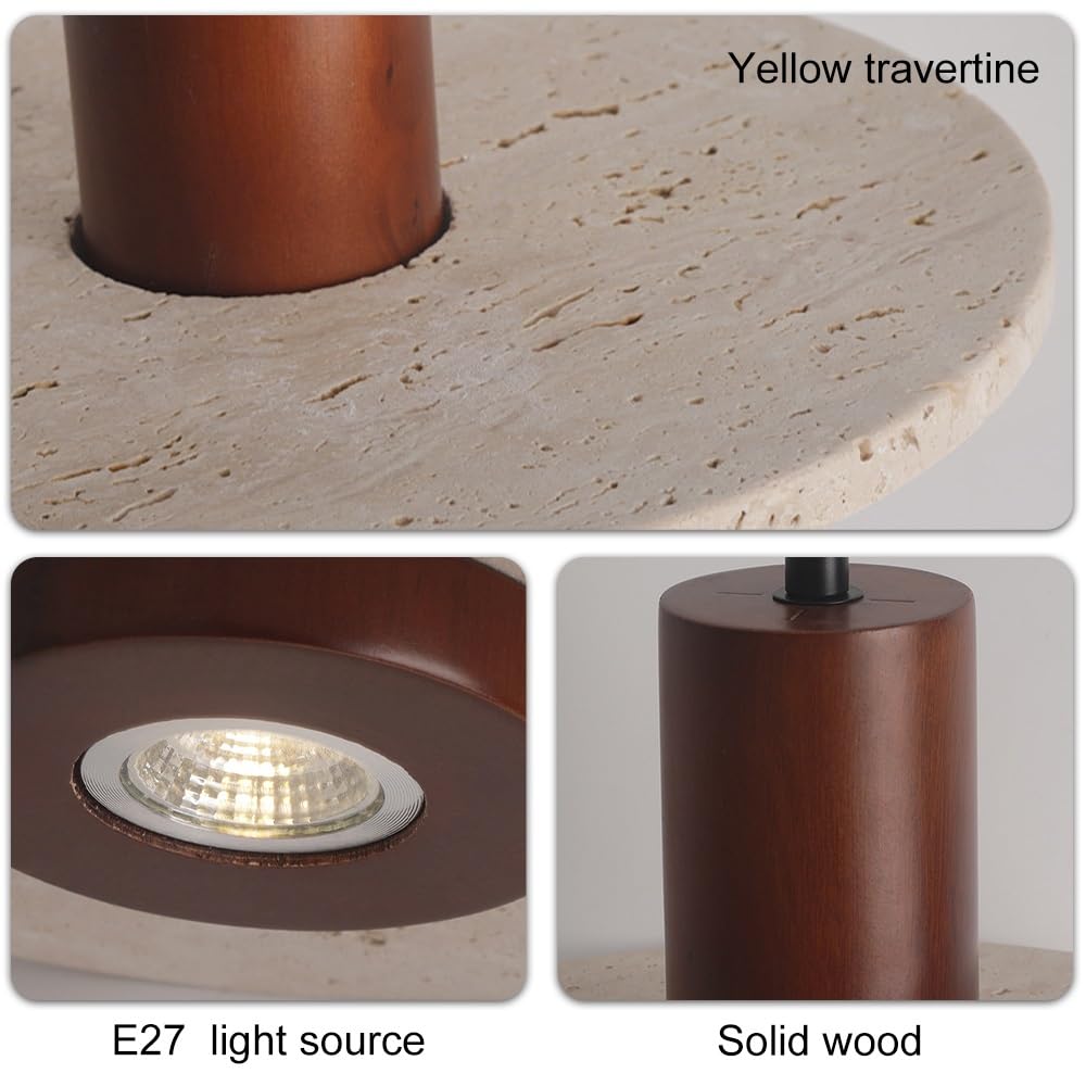 Lámpara colgante de travertino natural con cordón ajustable for colgar, lámpara colgante de madera maciza con un solo cabezal, casquillo E27 Wabi Sabi(Walnut,20cm)