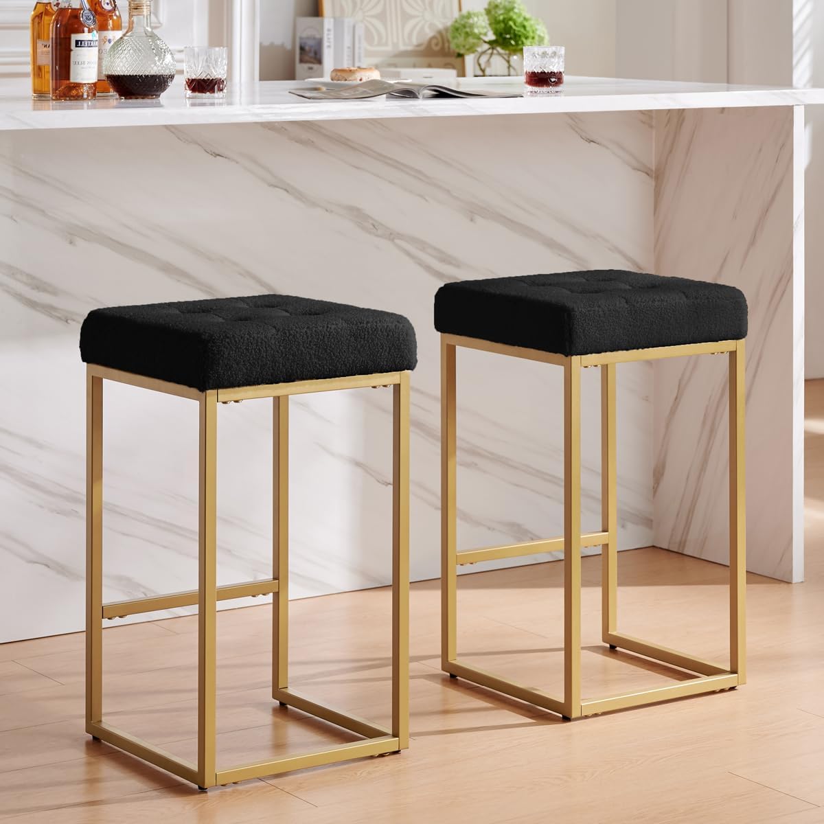 24KF Contemporary Counter Height Bar Stool Set of 2 for Kitchen Island, 26" H Teddy Fabric Padded Gold Barstool Bar Chair,5066-Teddy Black Barstool with Square Style Base- 2 pack Black Teddy Fabric
