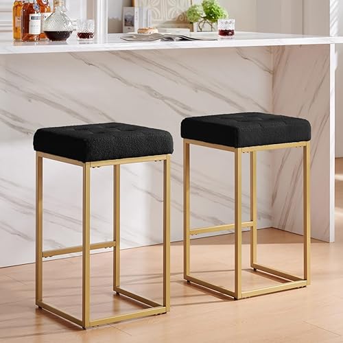 24KF Juego de 2 taburetes de bar contemporáneos de altura de mostrador para isla de cocina, taburete de bar acolchado de terciopelo dorado de 26