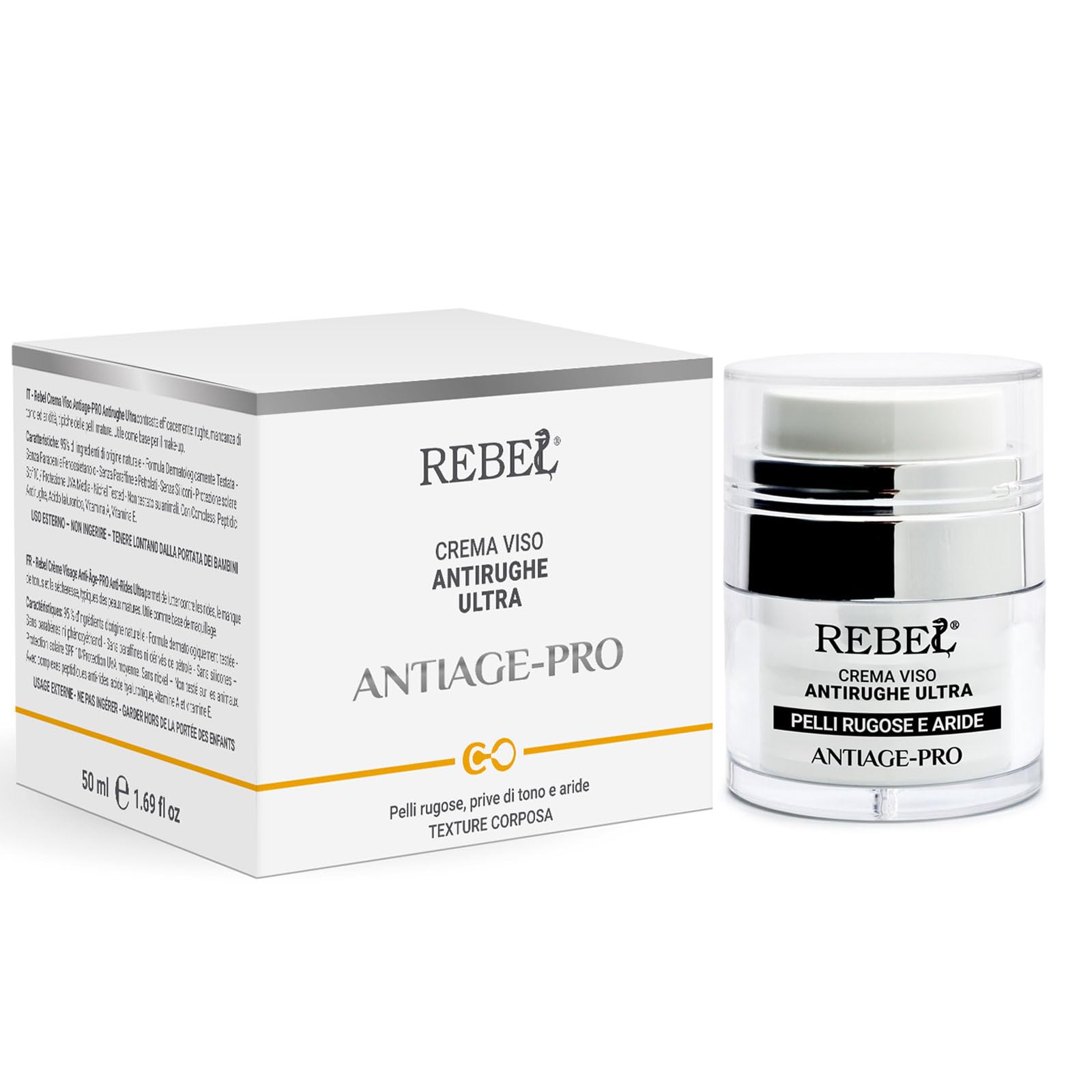 Rebel Antiage Pro Crema Viso Effetto Antirughe Ultra | Crema Antirughe e Antietà Giorno e Notte| Trattamento Rughe Intensivo | Con Peptidi e Acido Ialuronico | 50 ml