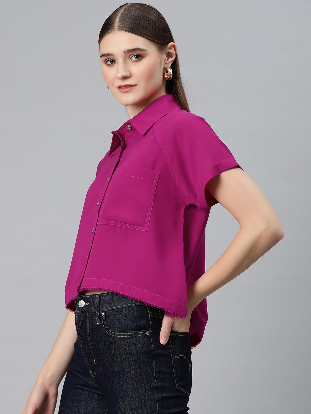 Cottinfab Women Pink Fringed Raglan Sleeves Shirt Style Top 2
