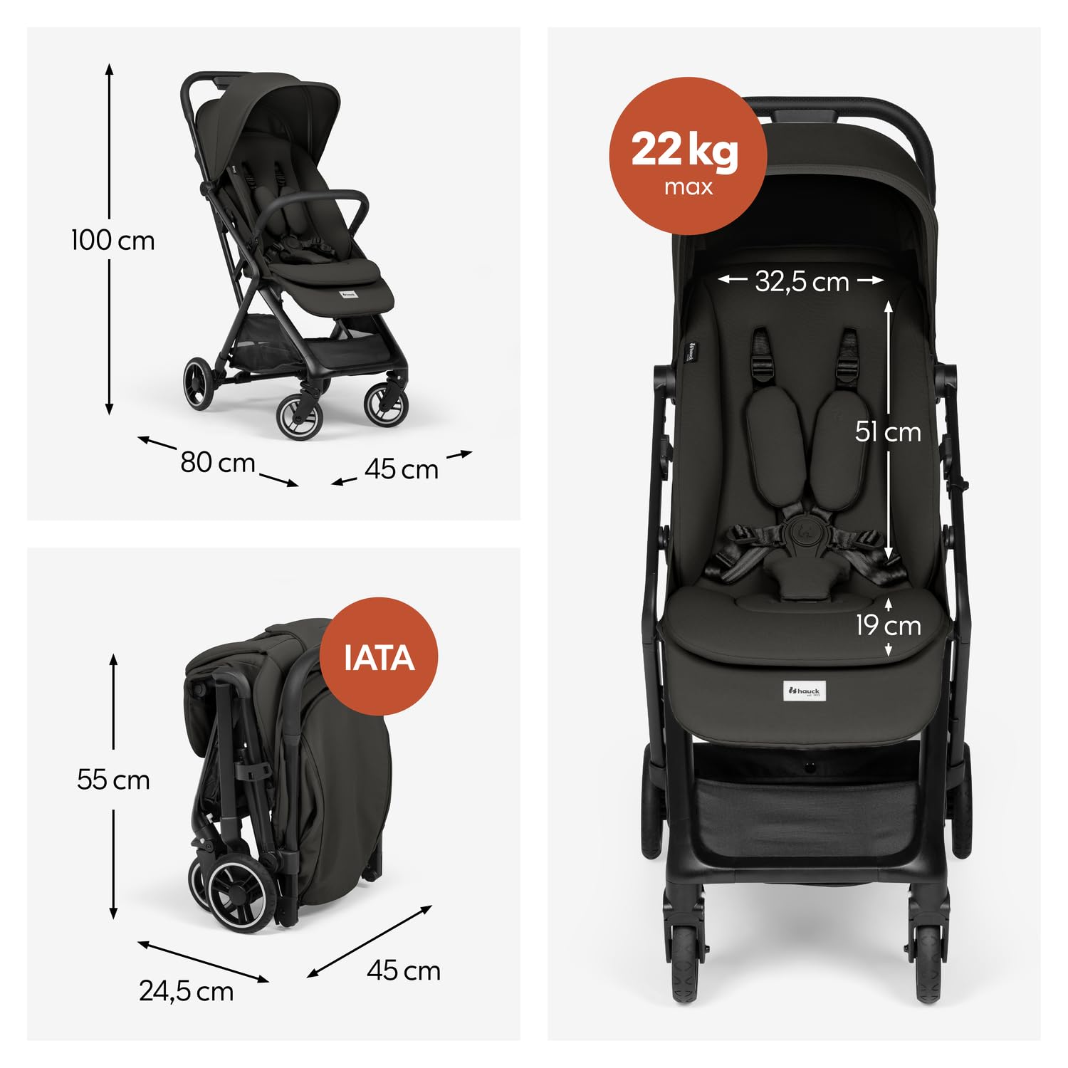 Hauck Fly N Care, Black - Ultra Compact & Light Travel Pushchair (7.5kg) with One Hand Fold, Carry Strap & Bag, Seat Liner, Car Seat Adapter, UPF 50+ Sun Canopy, Fully Reclining from Birth to 22 kg — view 3