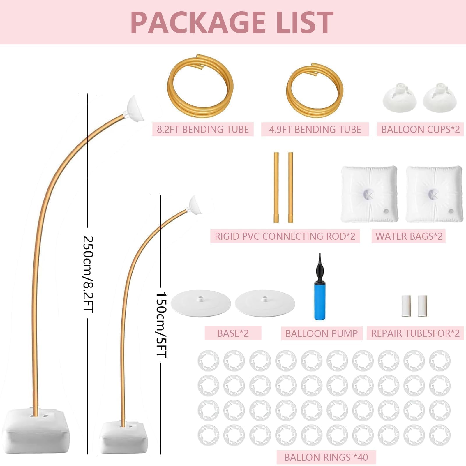Kit de soporte de arco de globos flexible, soporte de arco de globos con base de agua de relleno, soporte de globo de medio arco de 8.2 pies y 5 pies para boda, baby shower, fiesta de cumpleaños,
