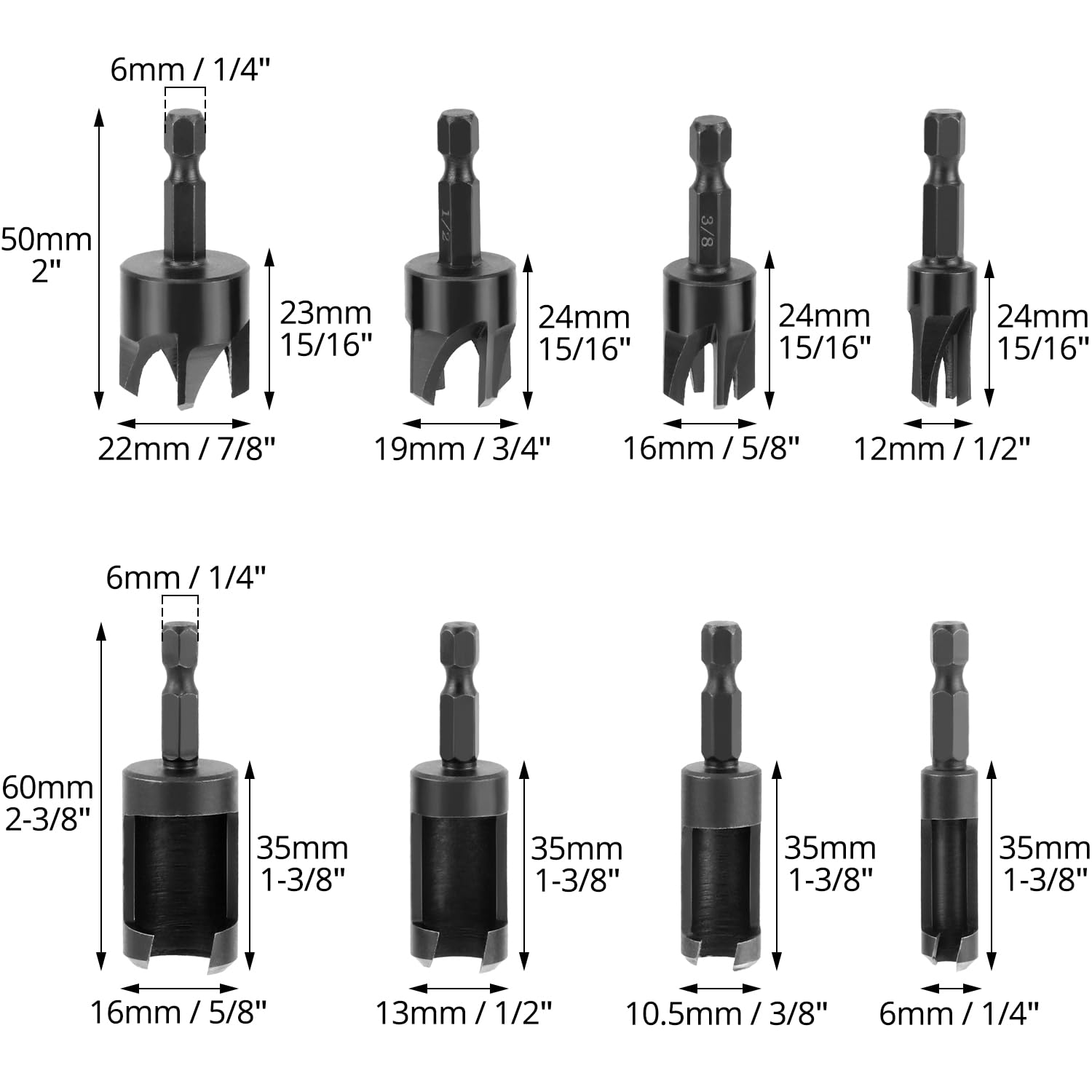 QWORK Wood Plug Cutter Drill Bit Set, 8Pcs, Includes 1/4", 5/16", 3/8", 1/2" Sizes, 1/4 Inch Hex Shank — Amazon image 6