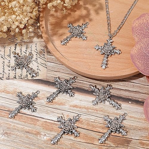 SUNNYCLUE 1 Box 10Pcs Cross Charms Tibetan Style Antique Silver Large Cross Bead Charms Detailed Rose Flowers Vintage Crosses Crucifix Shaped Charm for Jewerly Making Charms DIY Necklace Supplies - Image 4