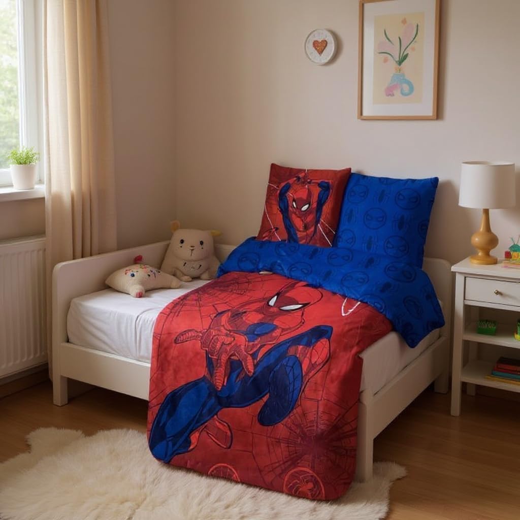 Parure Letto Bambino Spiderman Home Jumping - 100% Cotone, Copripiumino 140x200 + Federa 63x63, Certificato Oeko-TEX, Blu