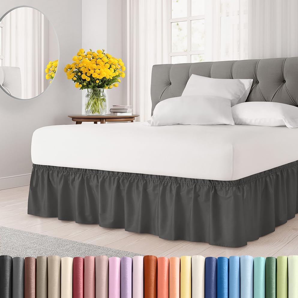 Wrap Around Dust Ruffle Bed Skirt - Charcoal - for King Size Beds w/ 12 Inch Drop - Easy Fit Elastic Strap - Adjustable Pleated Bedskirt w/Brushed Fabric - Wrinkle Free - for Women, Men, Kids & Teens King 12" - Drop 07 - Charcoal