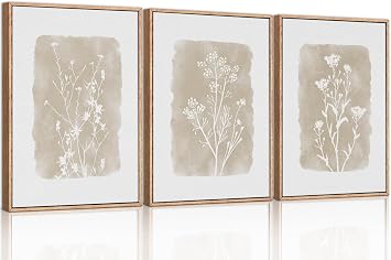 TOARTi Botanical Farmhouse Wall Art Set, Framed Boho Plant Wall Decor, Neutral Minimalist Floral Wall Painting, Rustic Wildflower Canvas Art Prints for Living Room Bedroom Bathroom - Large 12"x16"x3