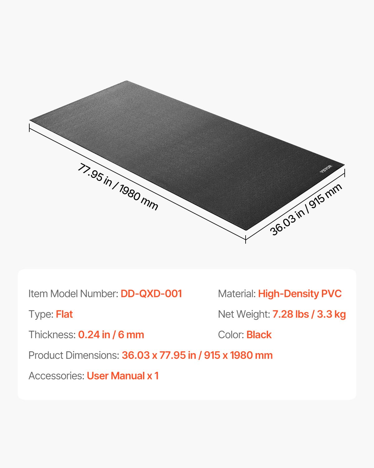 VEVOR Mata do bieżni na podłogę dywanową, grubość 6 mm, 915 x 1980 mm, mata do ćwiczeń na bieżnie, eliptyczna, wioślarz, ochraniacz podłogi PVC o wysokiej gęstości, wodoodporna i antypoślizgowa, do