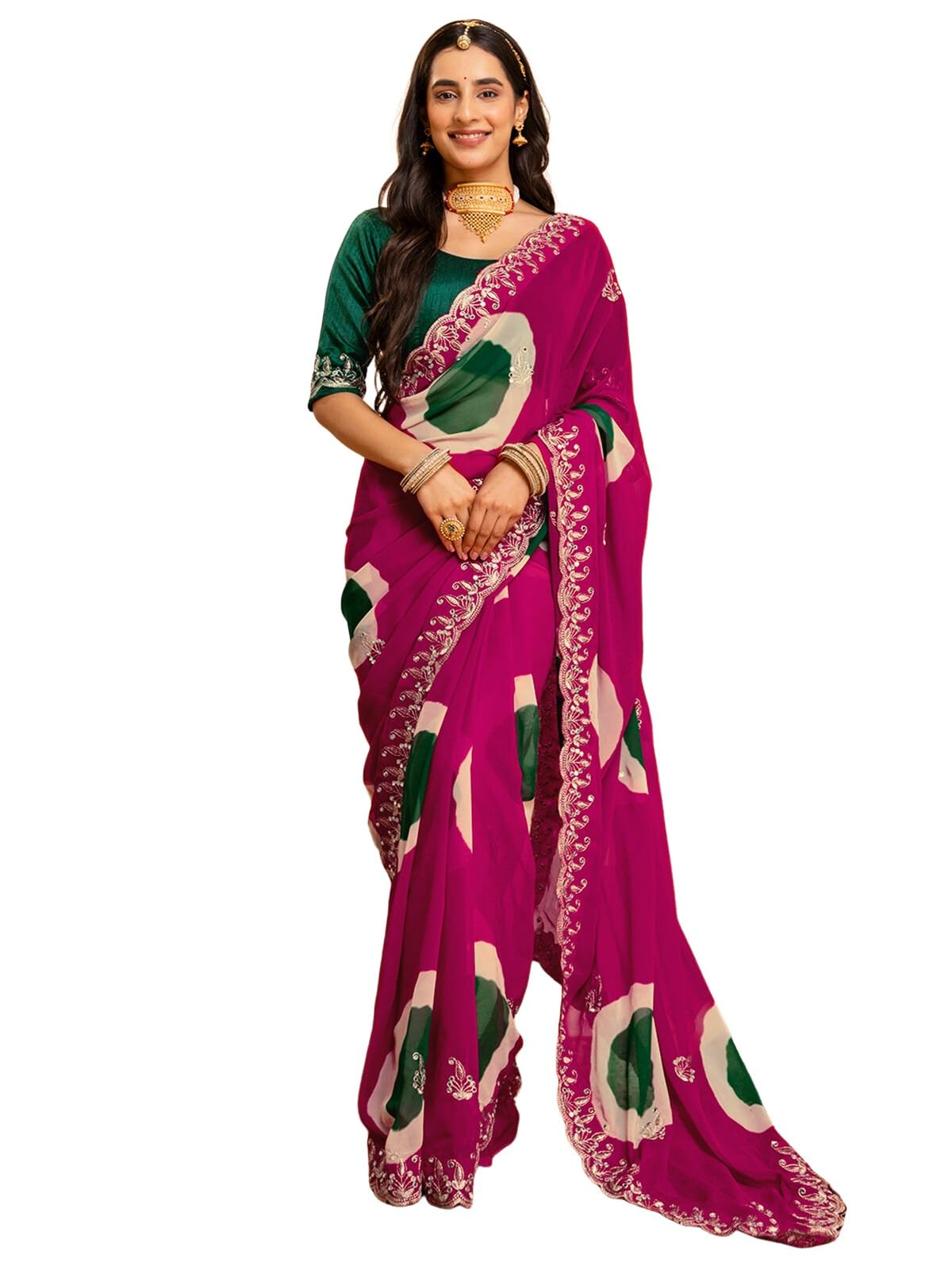 satrani Women's Bandhani Printed Embroidered Mirror Work Georgette Saree with Unstitched Blouse-picture-39