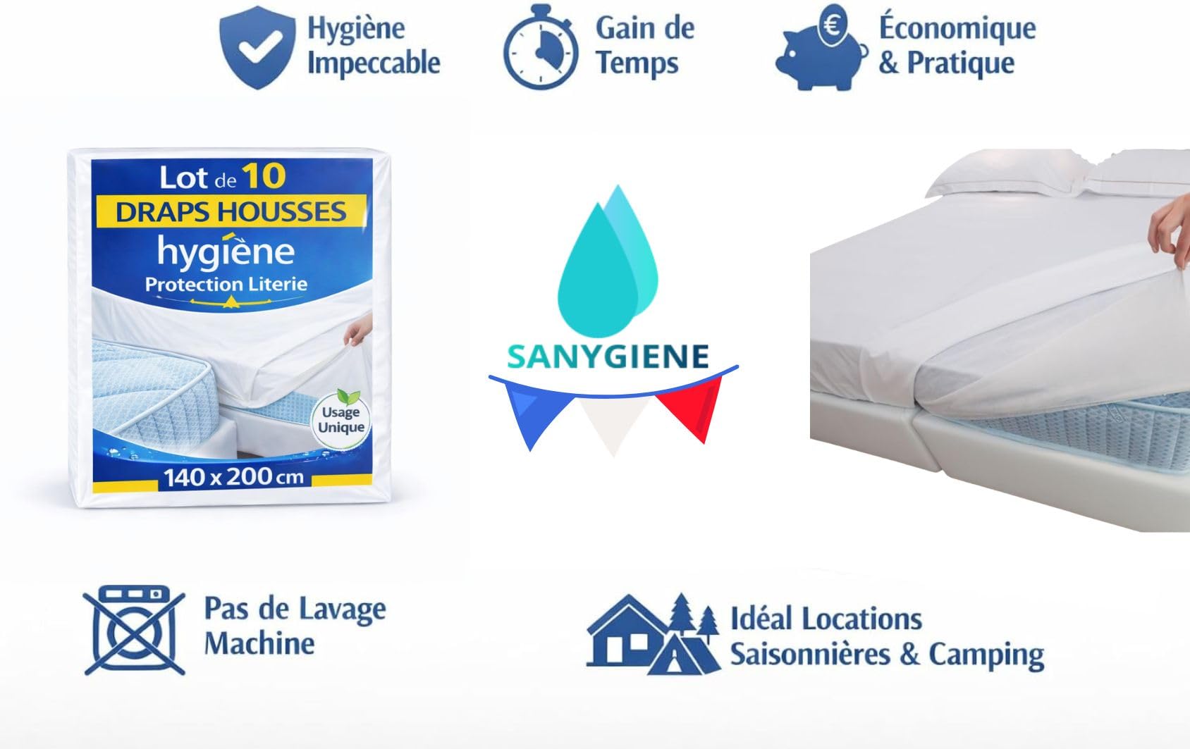 SANYGIENE | Housse Protège Matelas 140 x 200 cm | Lot de 10 Protections Matelas Jetables Lit 2 Personnes | Hygiène Literie Tourisme et Médical Blanc
