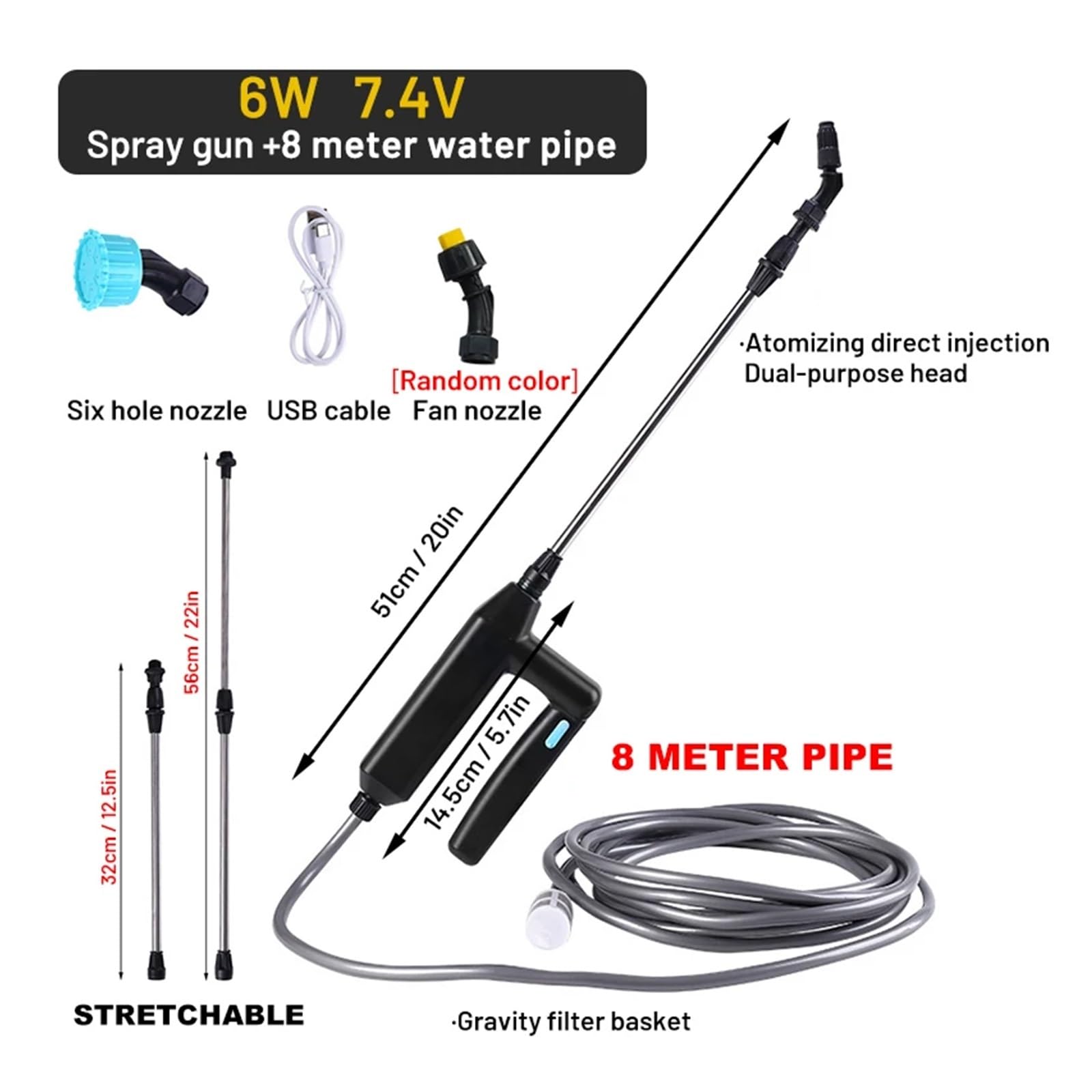 Pistola pulverizadora eléctrica for jardín, atomización automática, pulverizador de plantas con carga USB de 5/8M, regadera de botella, riego de jardín(6W- 8M water pipe)