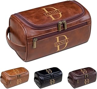 Engraved Toiletry Bag for Men, Personalized Leather Dopp Kit, Custom Grooming Travel Organizer, Gift for Husband, Dad, Groomsmen, Boyfriend, Birthday(Brown)