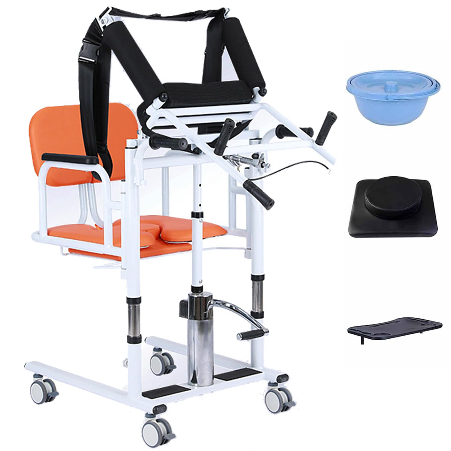 Silla de Transferencia Hidráulica Multifunción con Orinal,Altura Regulable,Soporte 200 kg,para Ancianos,Enfermos o Embarazadas,Facilita el Traslado y Uso del Inodoro de Forma Segura Orange