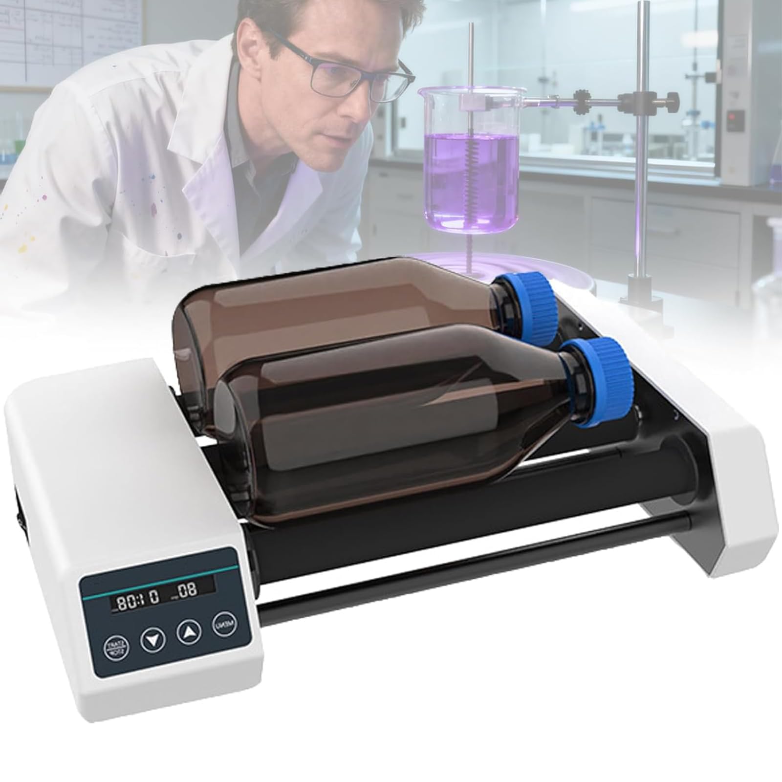 Mikser rolkowy do laboratoryjnych butelek z odczynnikiem, 4 rolki, regulowana prędkość 20-80 obr./min, odpowiedni rozmiar 45-100 mm, maksymalna pojemność butelki z odczynnikiem, 1 litr x 2/2 kg