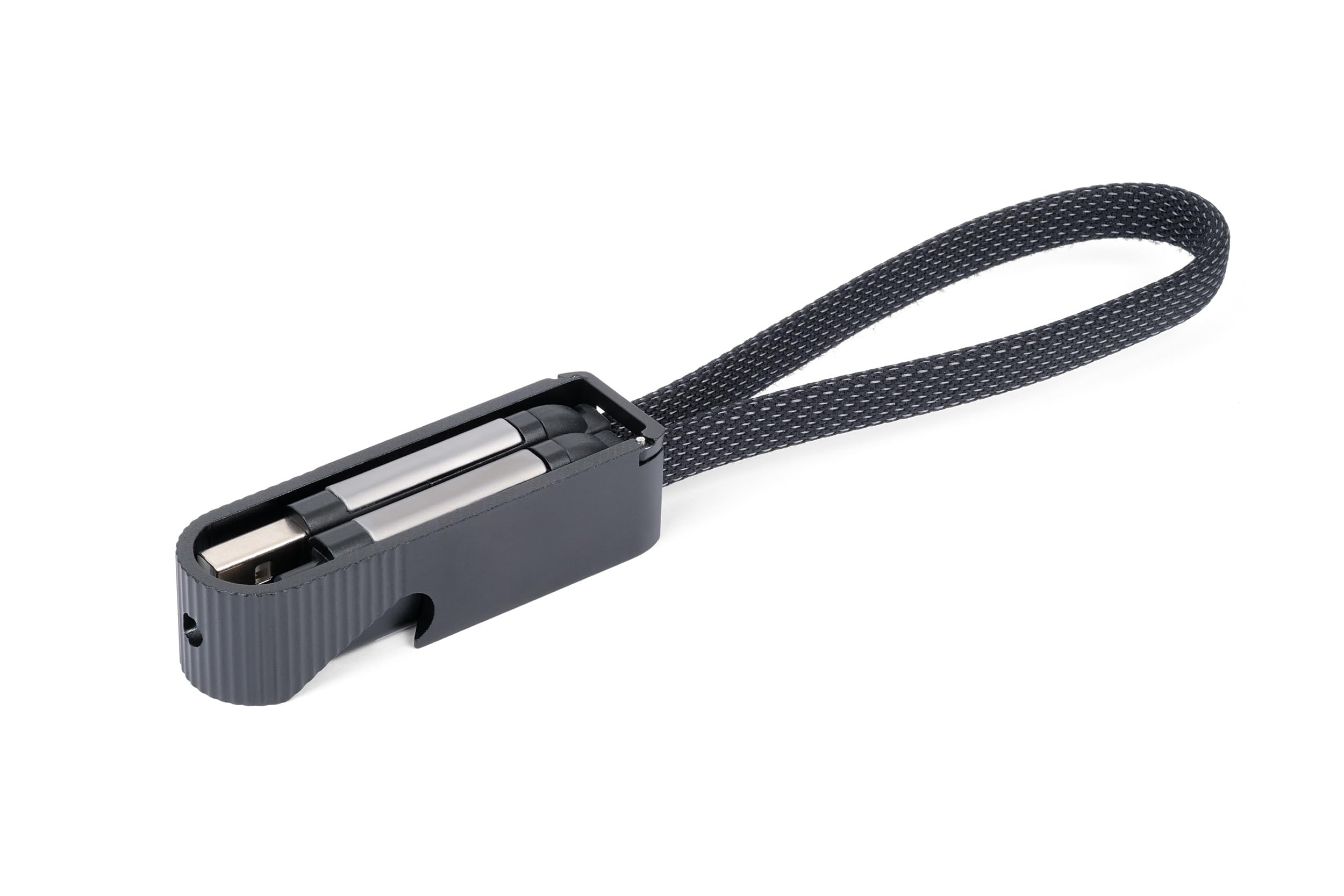 TROIKA Schnellladekabel mit Flaschenöffner für unterwegs, – PRACTICABLE – USB/USB-C auf Lightning oder USB-C – mit Datenübertragungsfunktion – Kabel textilummantelt – Metall – schwarz Original