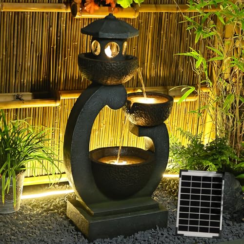 Bumilgar Springbrunnen Solar Gartenbrunnen für Außen mit LED Beleuchtung Zimmerbrunnen Kaskade Brunnen Wasserspiel Wasserfall Brunnen für Garten,Balkon,Terrasse, 90x45x27 cm