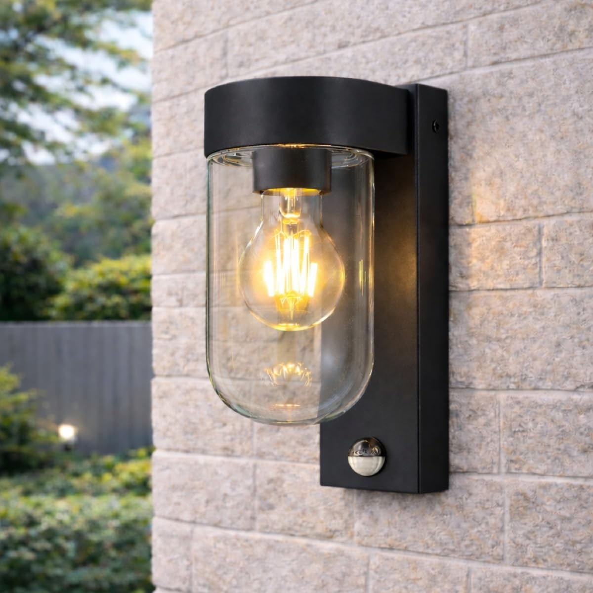 Cgc Lighting Black Pir With Glass Diffuser Outdoor Outside Wall Light Black Modern, E27 Bulb, Mains Powered, Garden, Porch, Patio (Black Pir With Glass Diffuser)