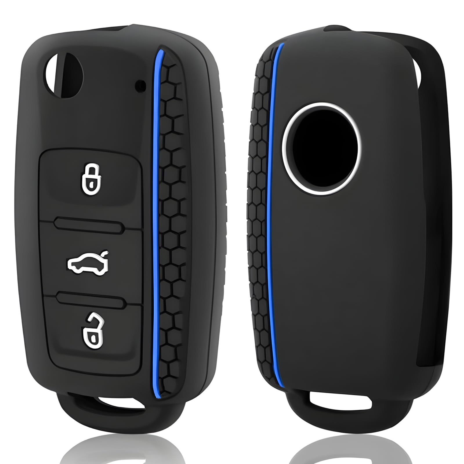 Misuyue Silicone Car Key Fob Covers Compatible with VW Polo Golf 4/5/6 Skoda Passat 3BG/3B Caddy Jetta Beetle Bora Superb Scirocco Leon Tiguan Touareg Sharan, 3 Button Car Key Protection Case (Blue)