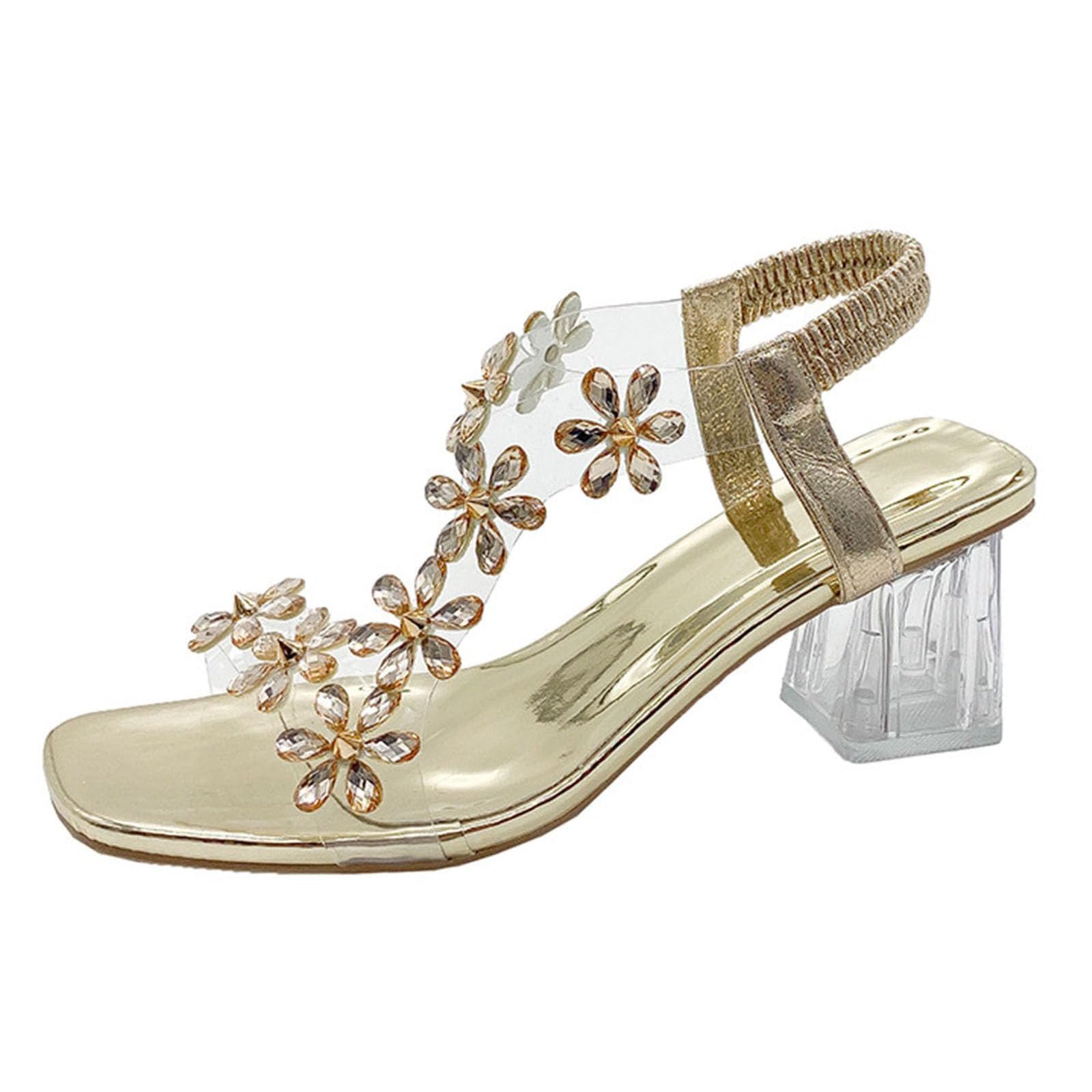 Women's Flower Rhinestone Block Heel Sandals, Womens Flower Rhinestone Block Heel Sandals, Toe High Heels Crystal Floral Elegant