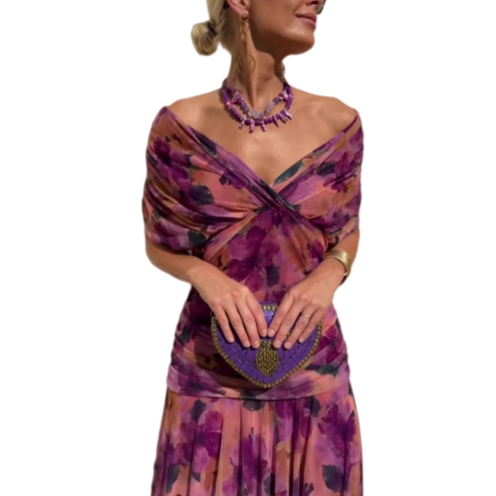 Vestito Donna Stile Francese Mesh Midi Abito V Collo Fuori Spalla Stampato Impiccato Elegante per Le Vacanze, Festa-Green-l