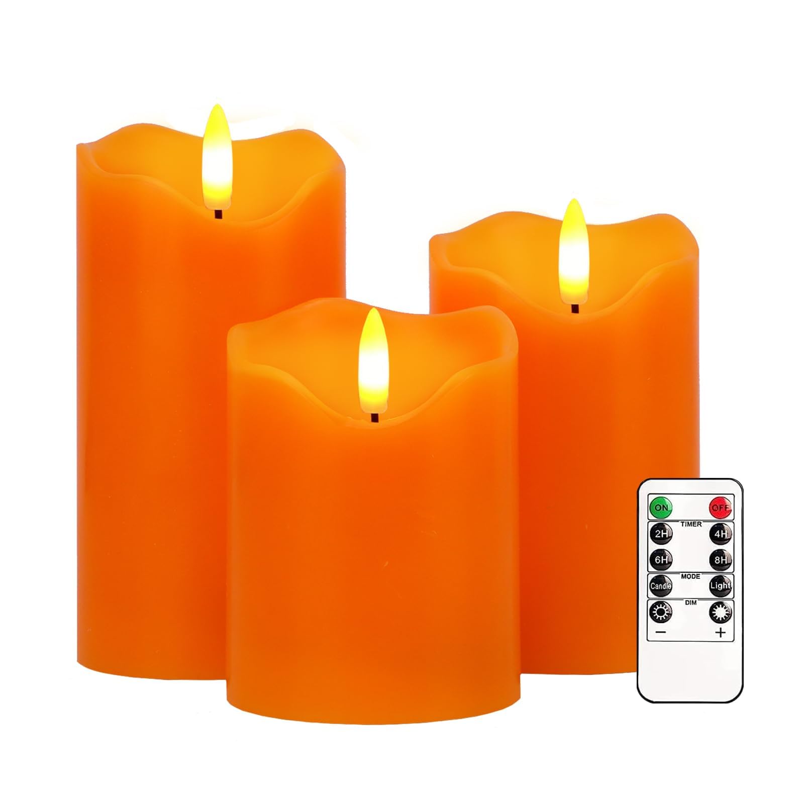 Aveki Orange Flickering Flameless Candles, Real Wax Battery Operated Led Candle With Remote Timer & Brightness Function, Set Of 3 Pillar Candles Lights Decor For Festival Wedding Home (Orange)