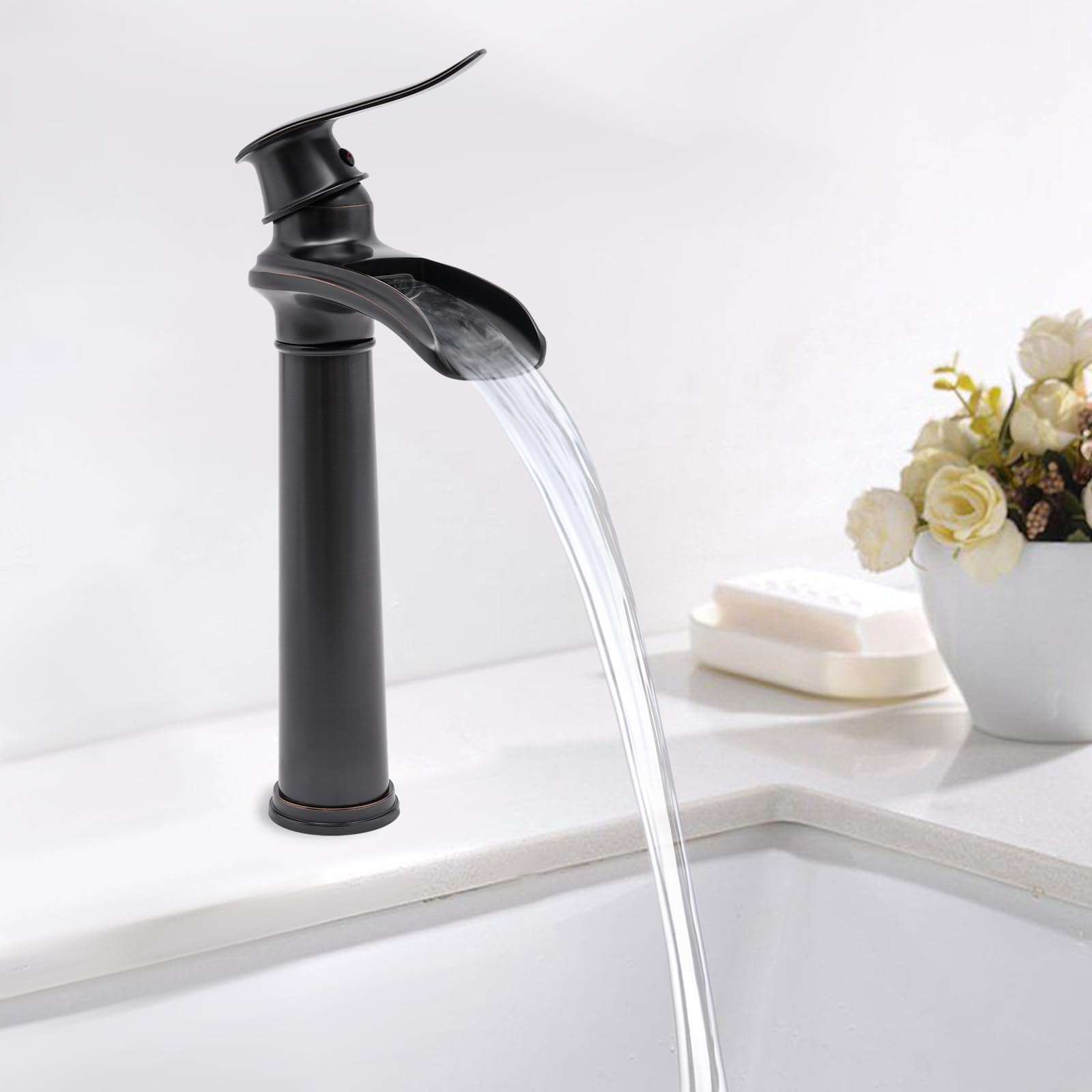 Schwarzer Bad Wasserhahn, Wasserfall Hoch Waschtischarmatur, Badarmatur mit Einstellbar Warm und Kaltwasser Einhebel, Waschbecken Mischbatterie für Badezimmer
