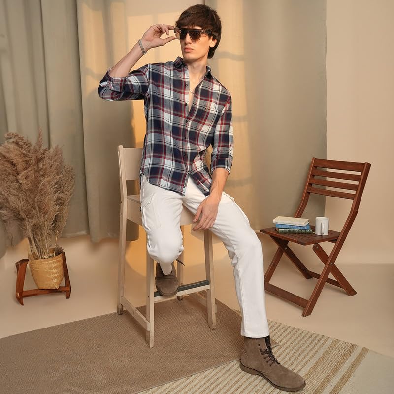 Image of CAHOOT Men's Gingham Shirt | Casual Wear | Spread Collar | Long Sleeve | Button Closure | Shirt Crafted with Comfort Fit for Everyday Wear