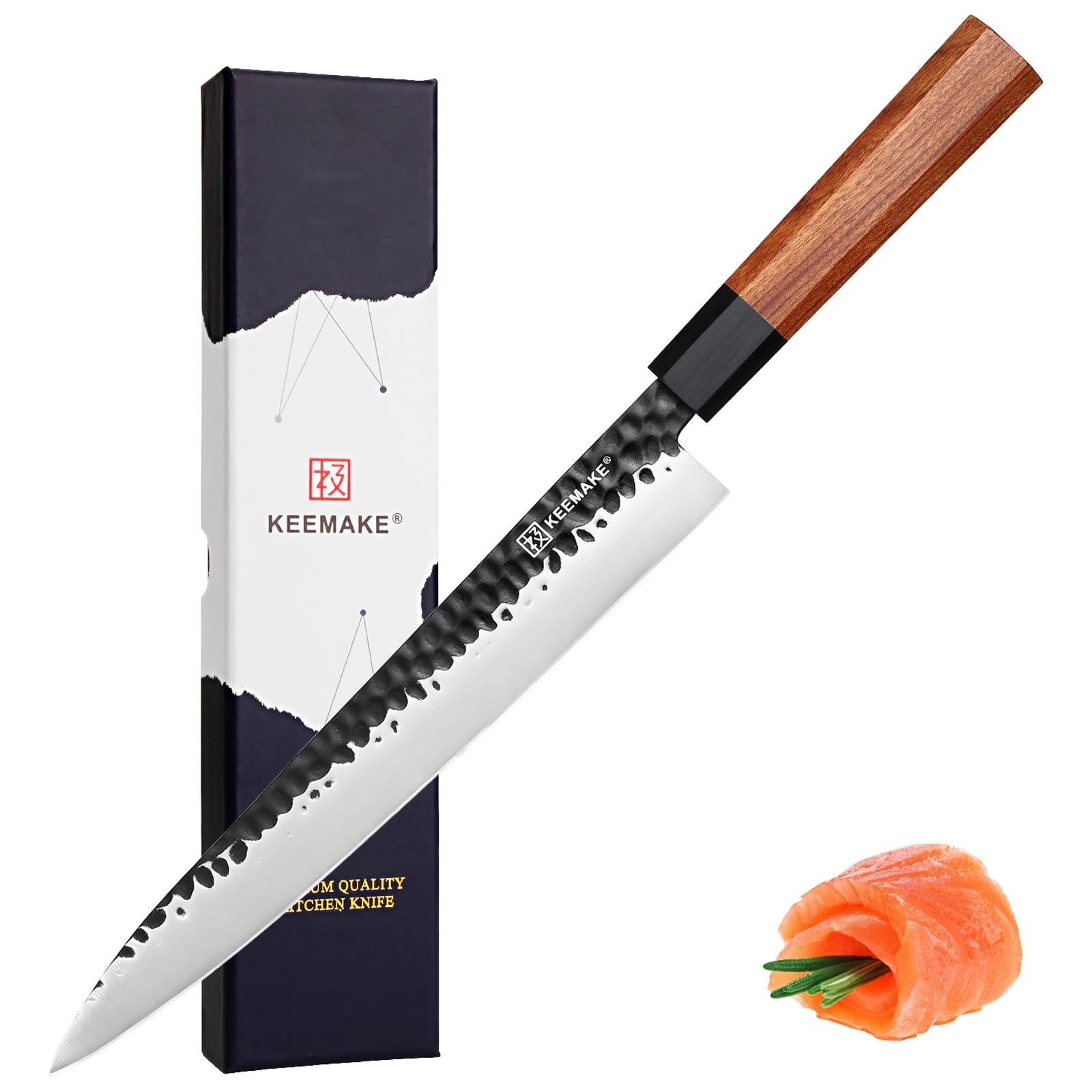 KEEMAKE Profi Sushi Messer 25 cm – Japanisches Sashimi Klingen-Extra Scharf – Yanagiba Fischmesser & Filetiermesser aus Hochkohlenstoffstahl – mit Holzgriff und Geschenkbox, vatertagsgeschenk