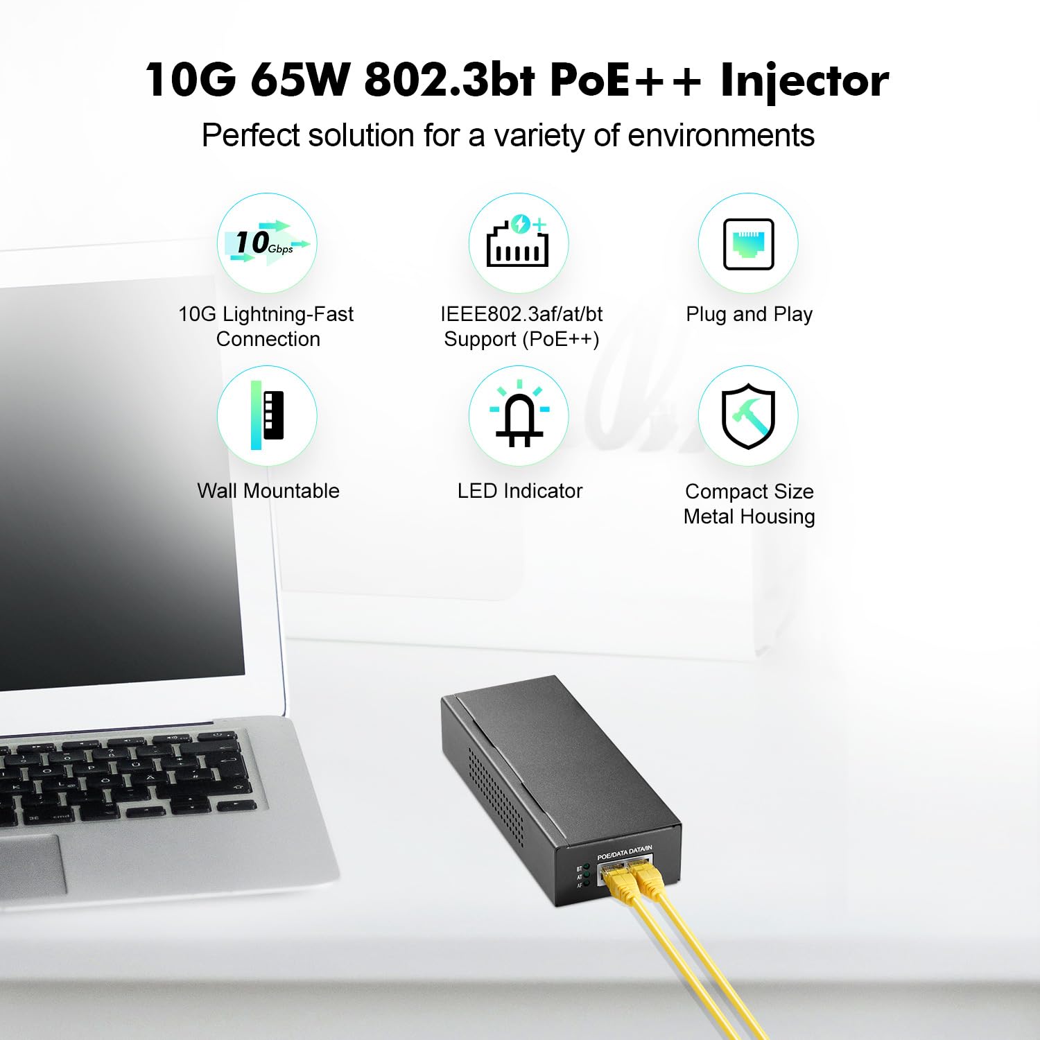 YuLinca 10G PoE Injector, 65W 802.3af/at/bt Power Over Ethernet Metal PoE Adapter, 10G/5G/1G Rate Auto-Adaptive, Non-PoE to PoE Adapter, Plug & Play, Distance Up to 100 Meters (328 ft.)