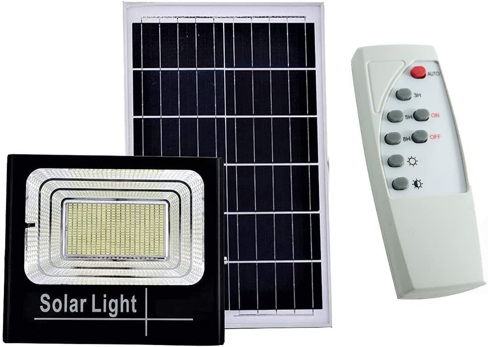 SQUADO - 200W SMD LED Rechargeable Spotlight with Solar Panel, Twilight Sensor and Remote Control, Black