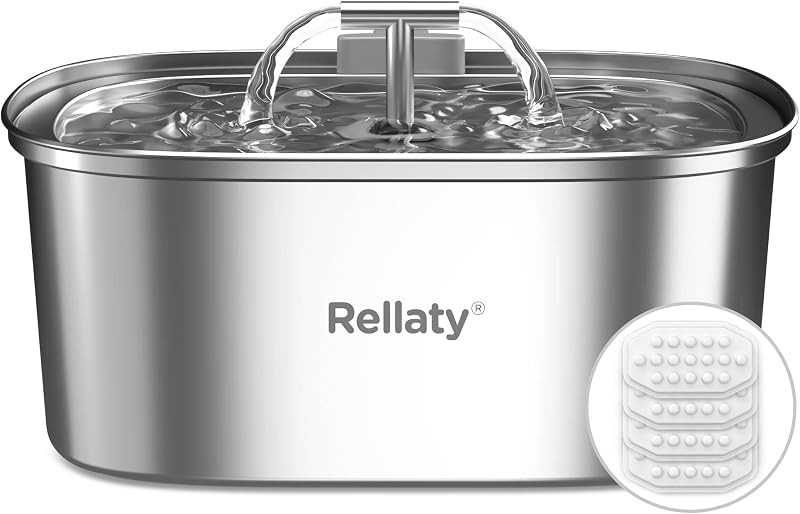 Fuente de agua para gatos de acero inoxidable: Fuente de agua para mascotas Rellaty de 3,2 l/108 oz | Bebederos para perros, suministros de alimentación y agua para gatos, boquilla de Metal para gatos en el interior con 4 filtros de repuesto