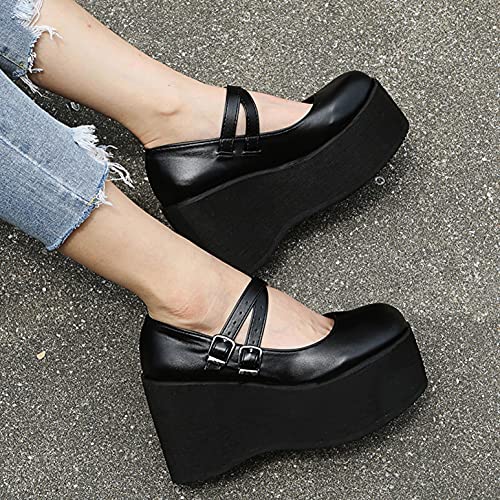 Hbeylia Platform Mary Jane Shoes For Women Vintage Leather Wide Round Toe Chunky Bottom High Heels Ballet Flats With Arch Support Retro Goth Thick Heeled Dress Oxfords For Girls School Uniform3