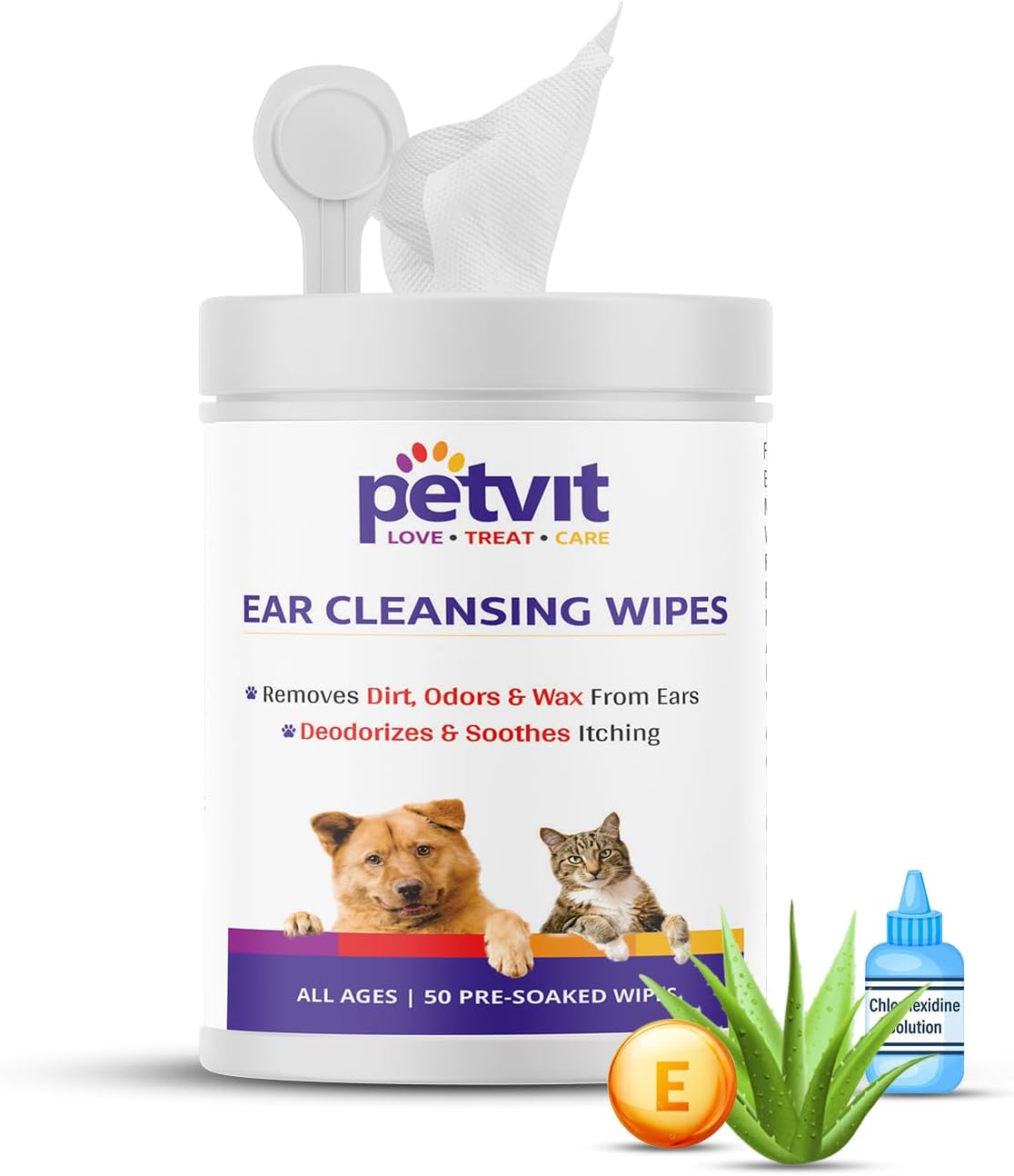 Petvit Ear Cleansing Wipes for Dogs and Cats to Remove Dirt, Odors & Wax from Ears - Fragrance Less 50 Wipes