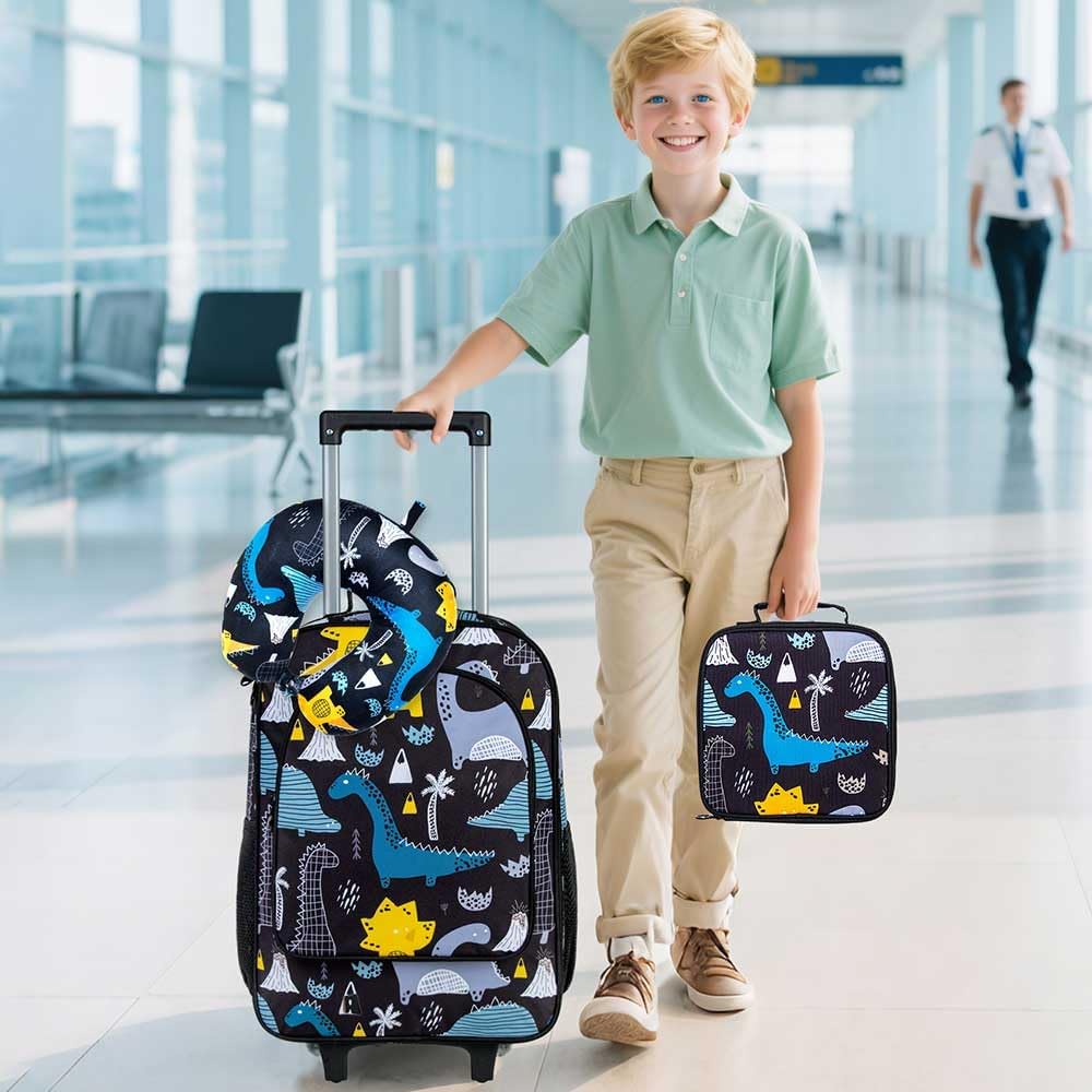AGSDON 5 Piece Kids Luggage Set for Boys, Cute Rolling Wheels Suitcase for Toddler, Children Travel Carry on Suitcase-Dinosaur
