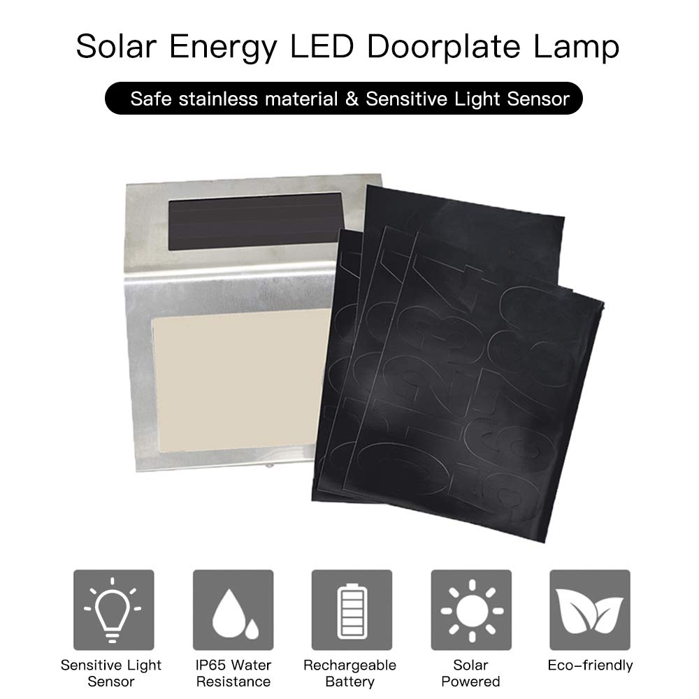 Solar Powered Energy 2 LED Doorplate Lamp Sensitive Light Sensor Supported DIY Door Number IP65 Water Resistance White Light Built-in 600mAh High Capacity Rechargeable Battery for Courtyard Garage